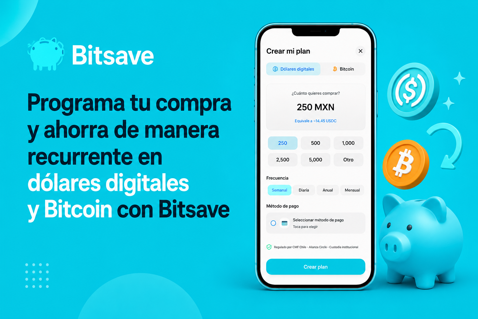Programa tu compra y ahorra de manera recurrente en dólares digitales y Bitcoin con Bitsave